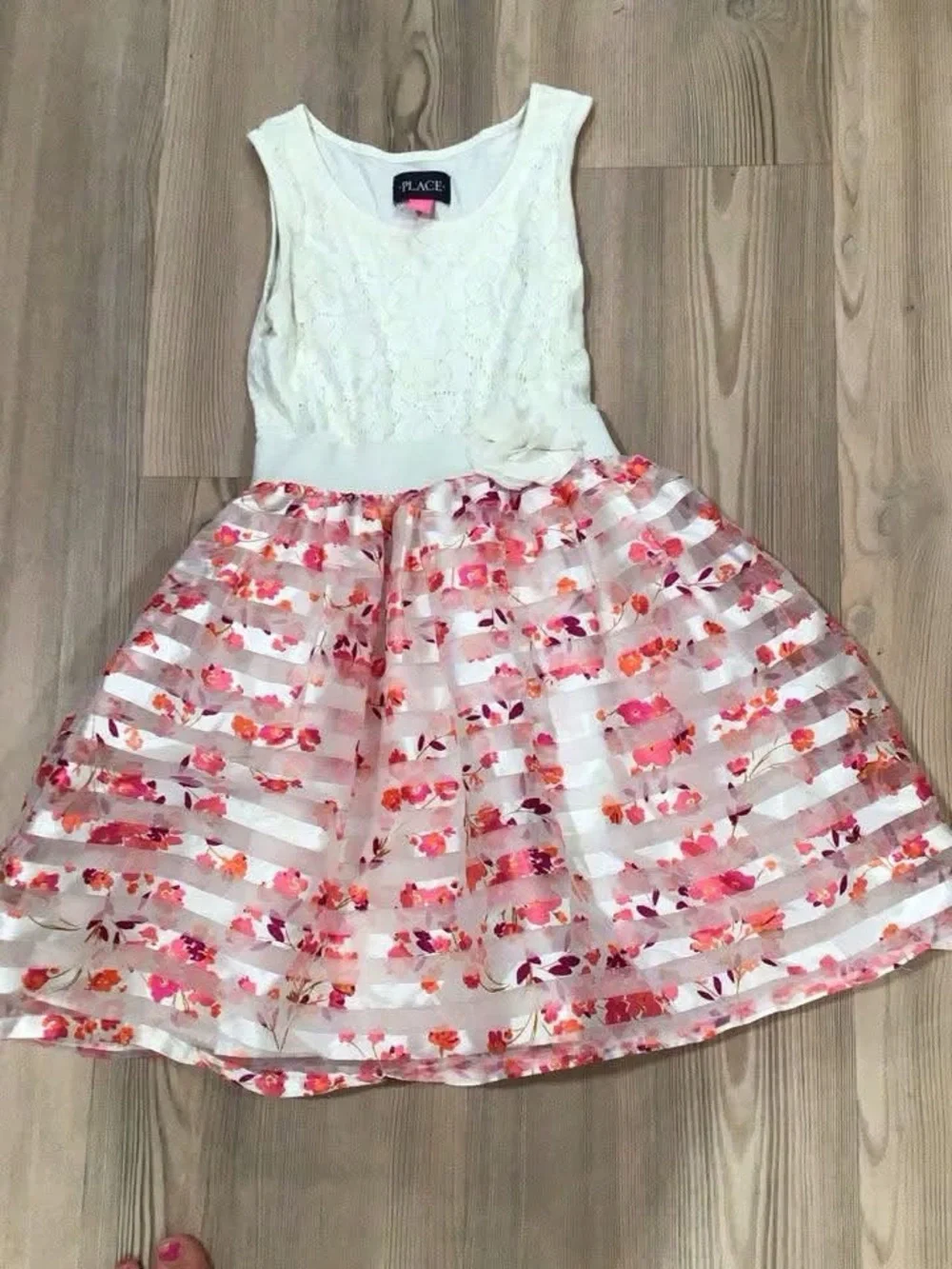 The Children's Place White Lace Bodice Dress with Pink Floral Striped Skirt